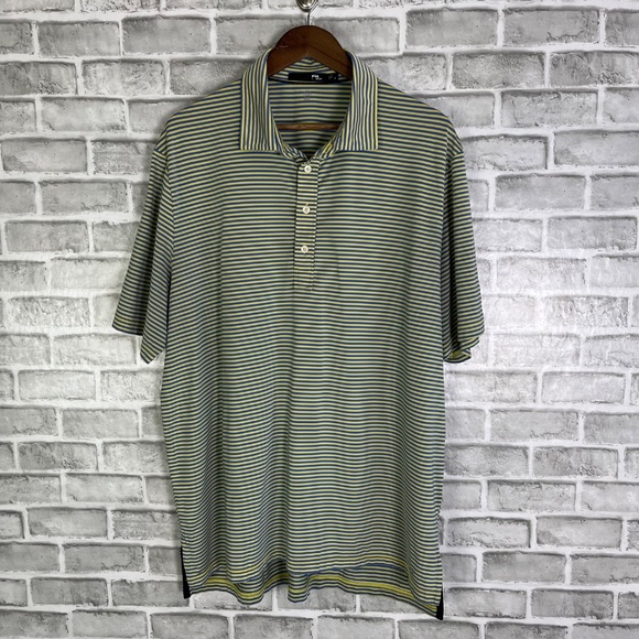 RLX Ralph Lauren Steel Blue & Yellow Striped Performance Golf Polo Mens Large - Picture 2 of 6